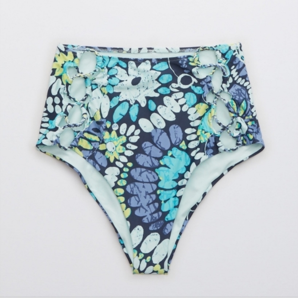 🆕️ Aerie Night Sea Floral Cutout Cheeky High Waist Bikini Bottoms - Picture 12 of 14